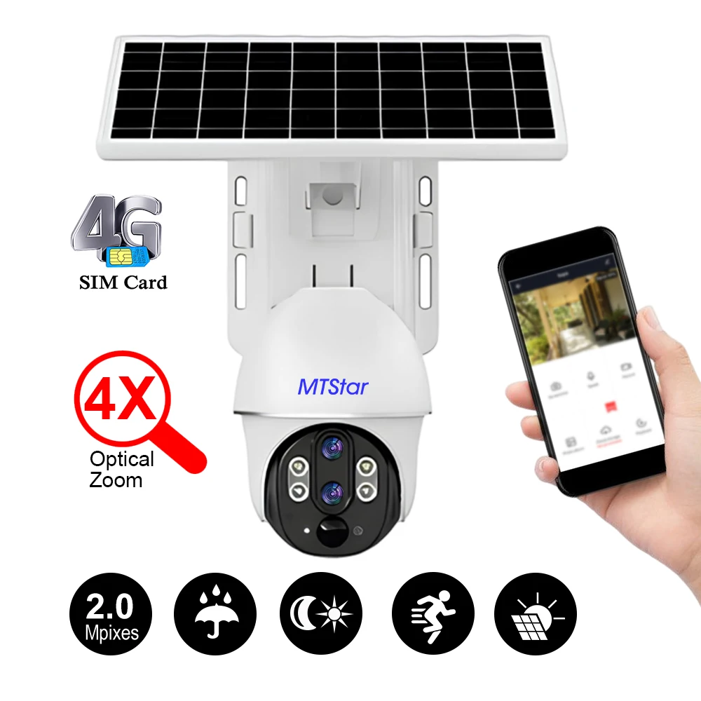 MTStar 2MP+2MP Multi-Platform 360 Angle View Monitoring SIM Card 4G Network Solar Security Camera