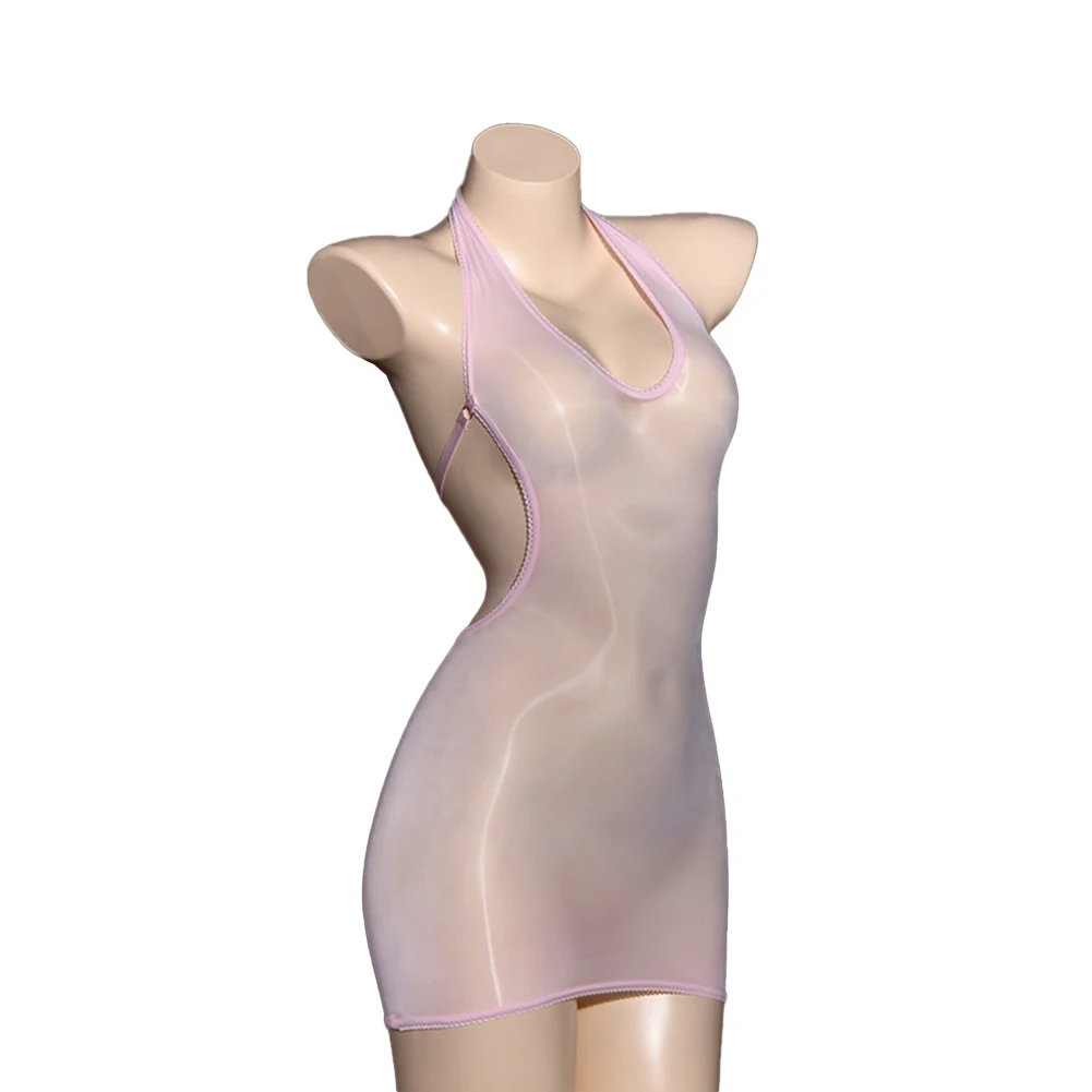 Brilhante V-neck Hip Saia das mulheres, Suave Apertado, Sem Costas Saia Curta, Cobrindo o Quadril, Óleo Brilhante, Transparente Bodysuit Erótico Sexy