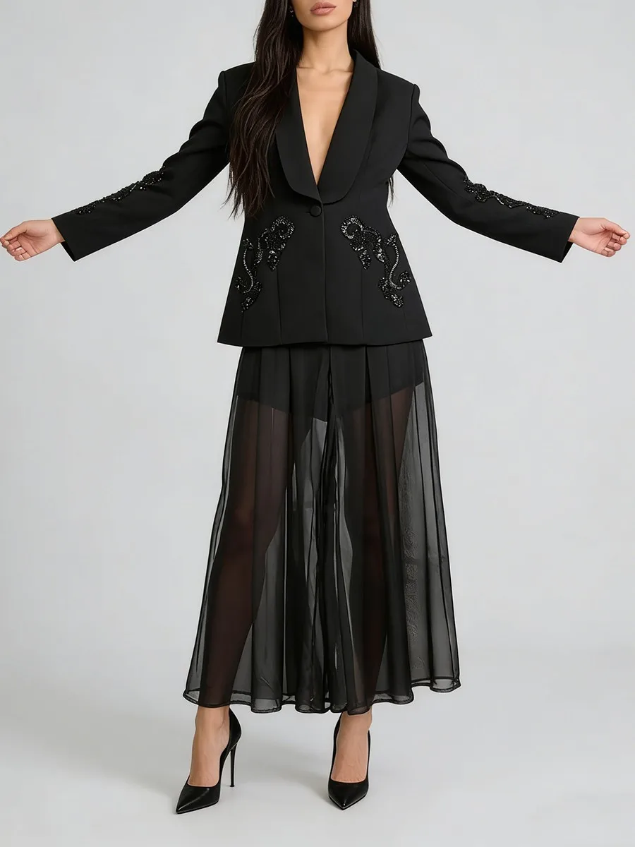 TWOTWINSTYLE Elegant Two Piece Sets for Women Lapel Long Sleeves Spliced Sequins Blazer High Waist Sheer Long Skirt Set Female