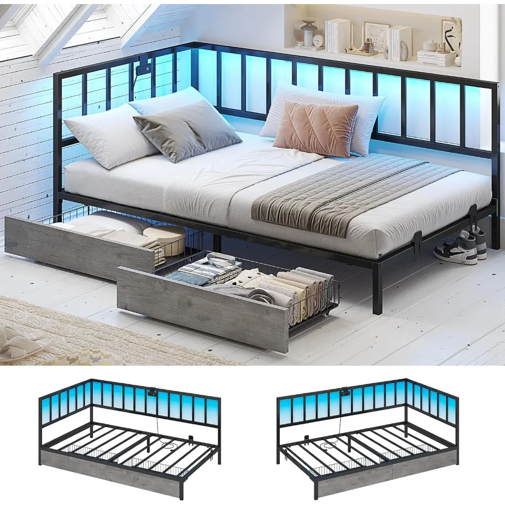 

Twin Corner Bed Frame with Storage Drawers, Twin Size Bed with Fence, Teenagers/Kids Bed Unit with Charging Station and L
