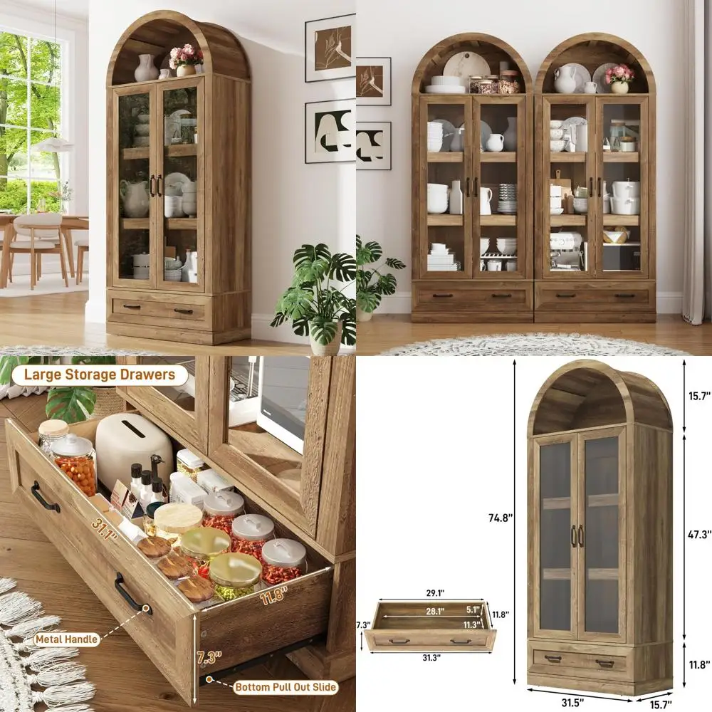 

75-высокий арочный кухонный шкаф для кладовой с несущей стальной трубой, современный шкаф для хранения кухонь на фермерском доме с выдвижным ящиком и стеклом