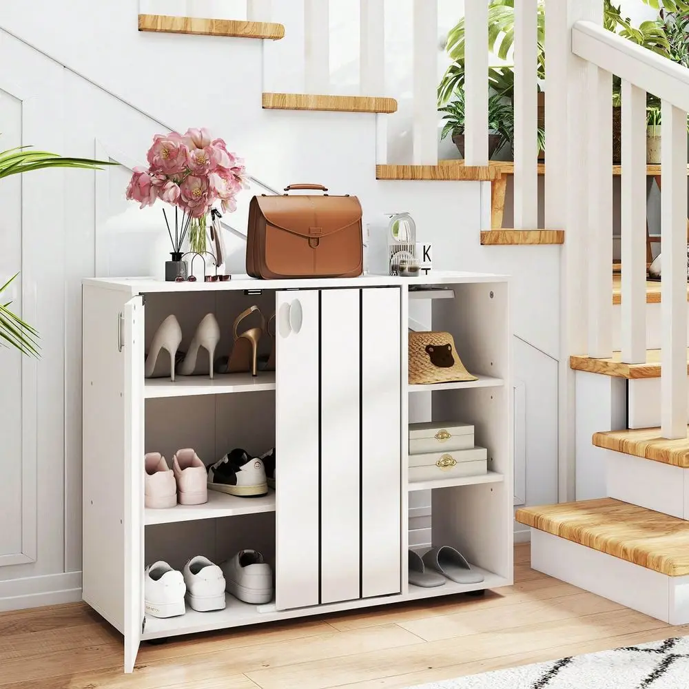 

3Tier Wooden Shoe Storage Organizer With Doors 3Level Adjustable Open Shelves