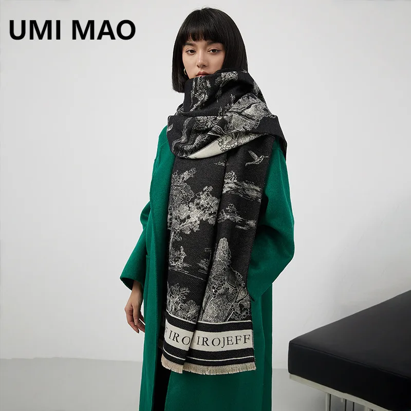 

UMI MAO Jacquard Landscape Painting Imitation Cashmere Scarf Women Thickened Warm Long Trendy Neck Scarf Femme Y2K