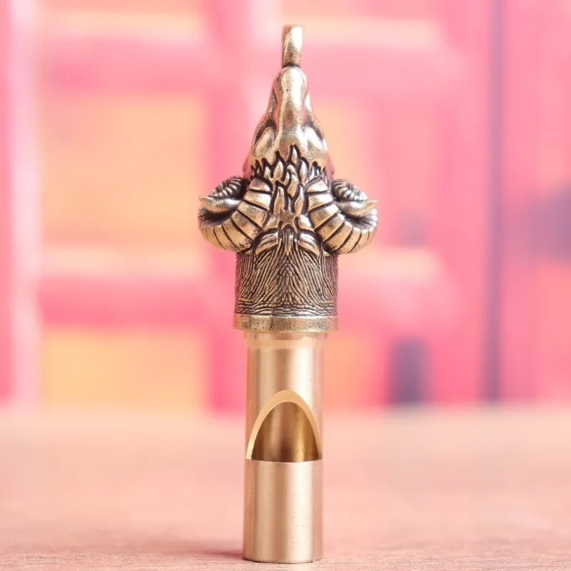 Brass Whistle with Ram Head Sculpture, Vintage Metal Survival Whistle, Outdoor Emergency Signal Tool, Brass Pendant Ornament