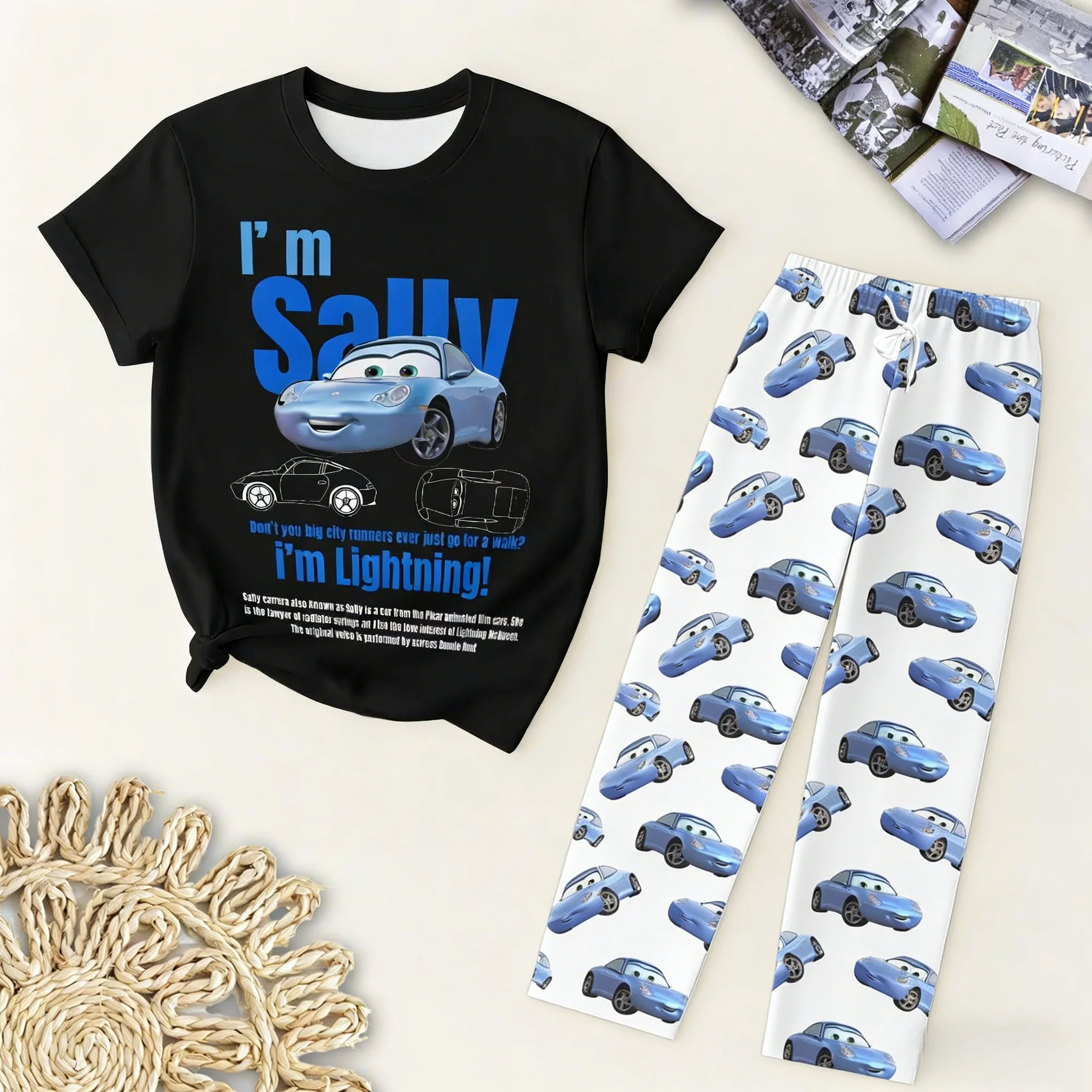 

2025-26 The Cars Lightning McQueen&SALLY Summer T-Shirt With Pajama pants Oversized Suit For Adult/Kids his-and-hers clothes