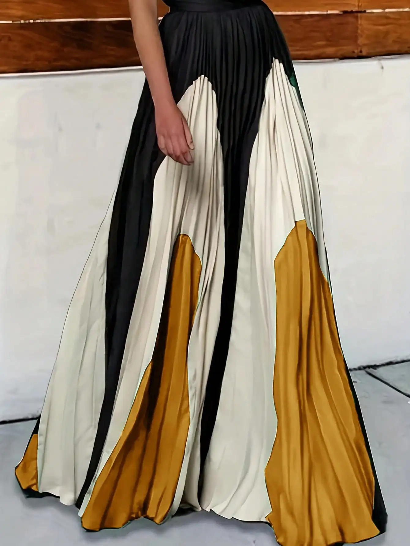 Elegant Women 100% Polyester Satin Skirt High‑Waist Elastic Waist Color‑Block Pleated Loose Flared Long Maxi Skirt