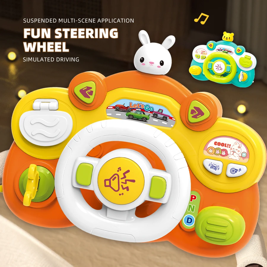 Brinquedos elétricos de volante para crianças, Carro de criança musical, Coelho bonito, Simulação multifuncional, Jogo de som de condução, Brinquedos educativos infantis