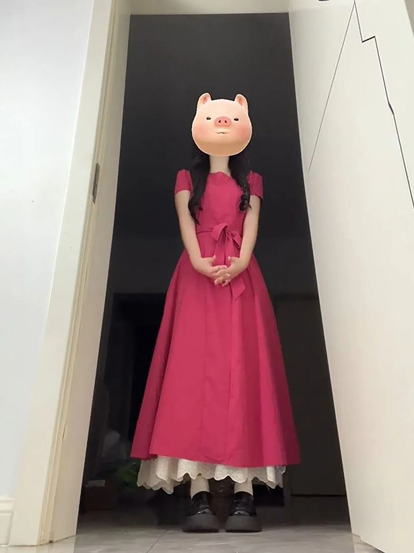 

Retro Summer Pink Bubble Sleeve Dress with Waist Cinching Knot Belt Slimming A-Line Skirt College Style Short Sleeve