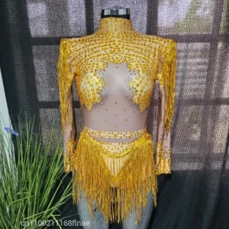 금색과 은색 스팽글 태슬 탄력성 있는 타이트 핏 의상 라틴 댄스 무대 의상 DJ 가수 댄서 공연 의상