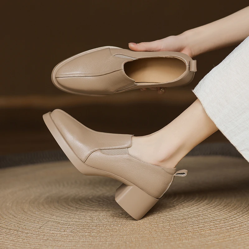 2026 new spring summer women pumps natural leather 22-25.5cm soft sheepskin+pigskin+cowhide round toe thick heel women shoes