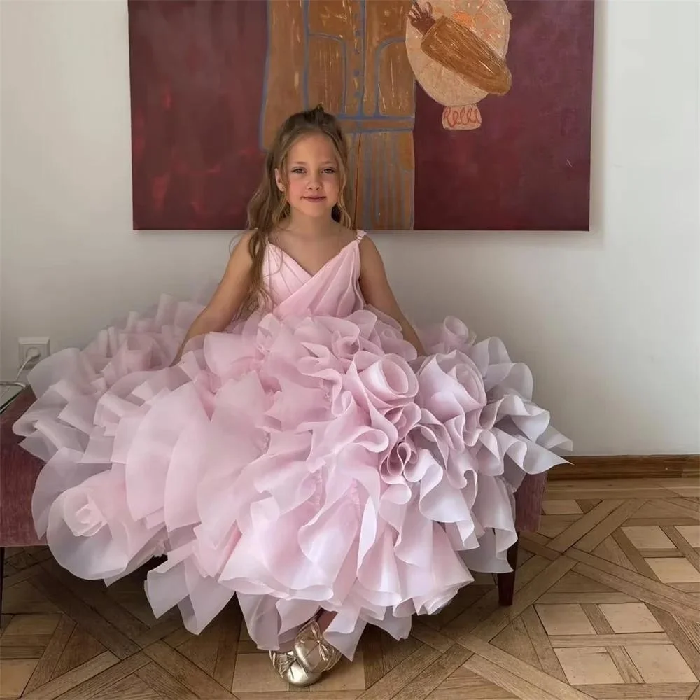 Custom Luxury Dress FlowerGirl Wedding Pageant Pink V Neck Ruffle Tulle Kid Luxe Birthday Guest Evening Runway Show Ball Gown