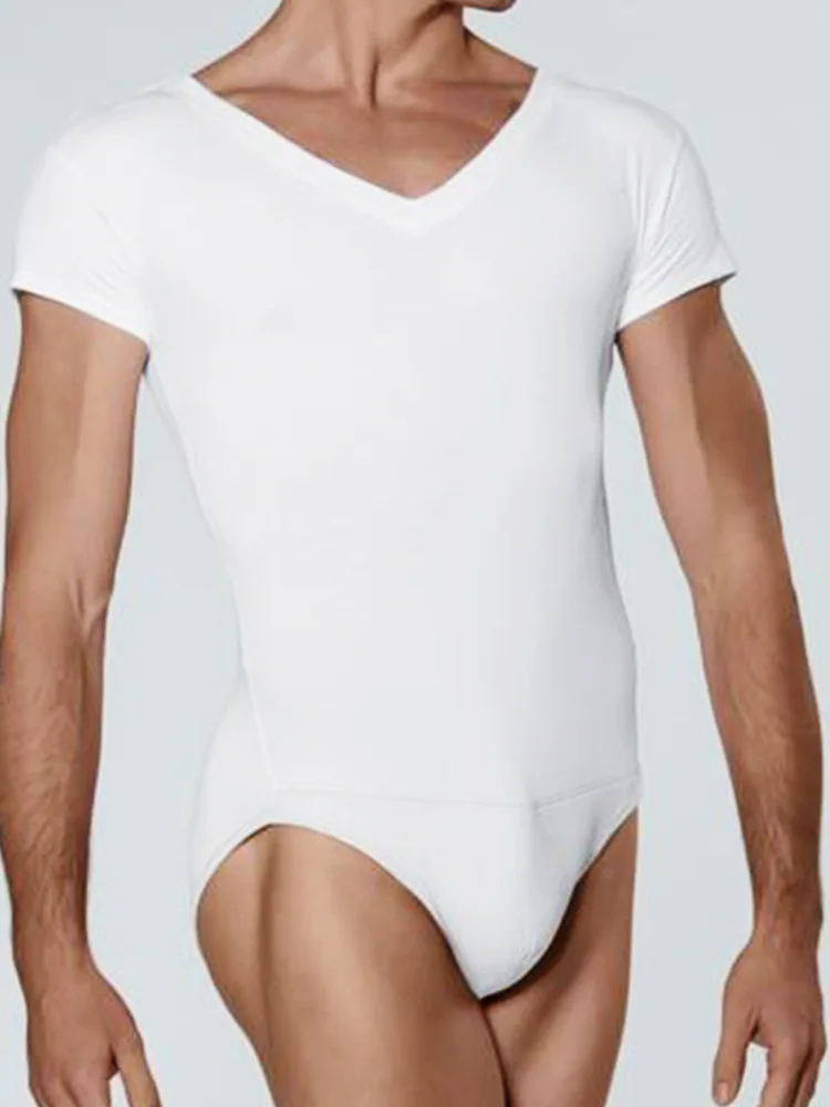 ชุดรอมเปอร์แขนสั้นคอวีสีทึบของผู้ชายสําหรับการเต้นรําบัลเล่ต์ การแสดงบนเวที ชุดบอดี้สูทฝึกซ้อม