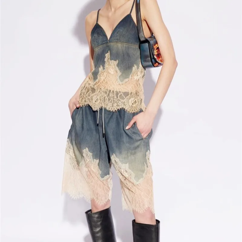 

Women's Personalized Denim Two-piece Suspenders Shorts Suits Summer New Tugs Spicy Lace Patchwork Soft-sided Clothes for Women