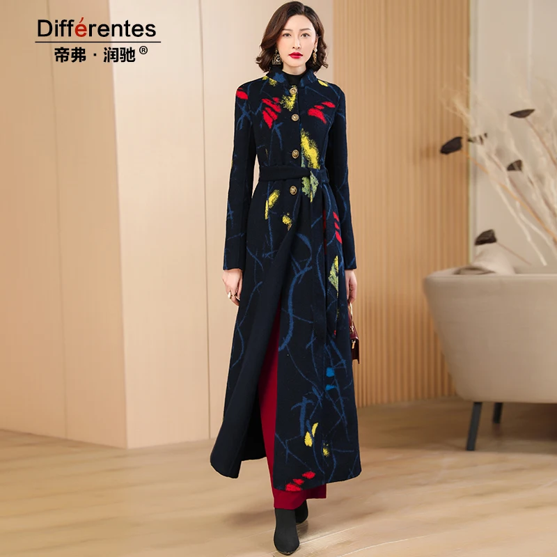 

Luxury Turtleneck Trench Women Winter Coat Cashmere Wool X-Long Jacket Office Lady Outwear Adjustable Waist Buttons