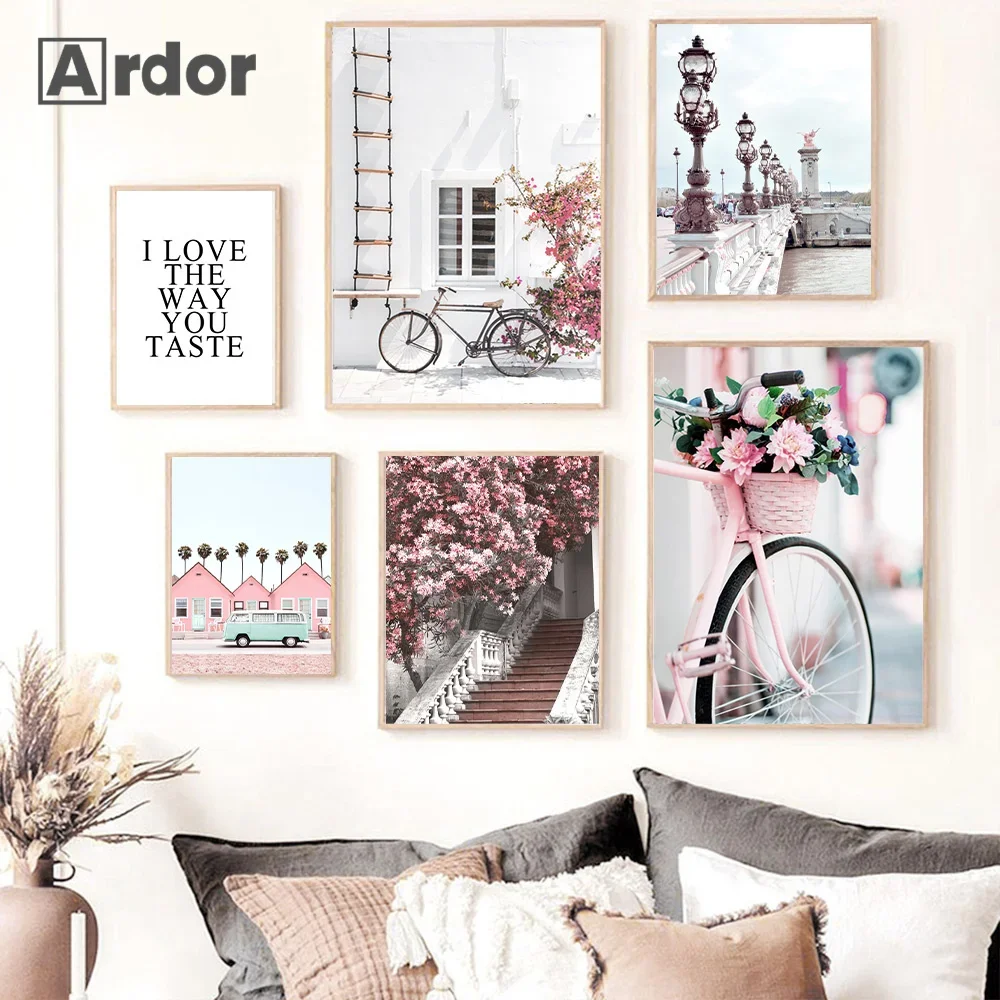 Pink Sakura Simple Nordic Poster Car Small Fresh Bicycle Wall Canvas Painting Modern Print Wall Art Pictures Living Room Decor