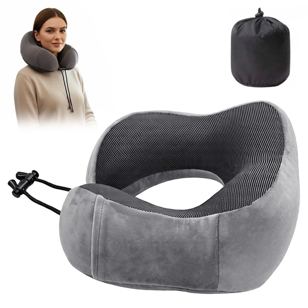 U-förmiges Kissen mit Augenmaske, Ohrstöpseln, Aufbewahrungstasche, Reise-Nackenkissen aus Memory-Schaum, verstellbares Nackenschutzkissen für Zuhause/Reisen