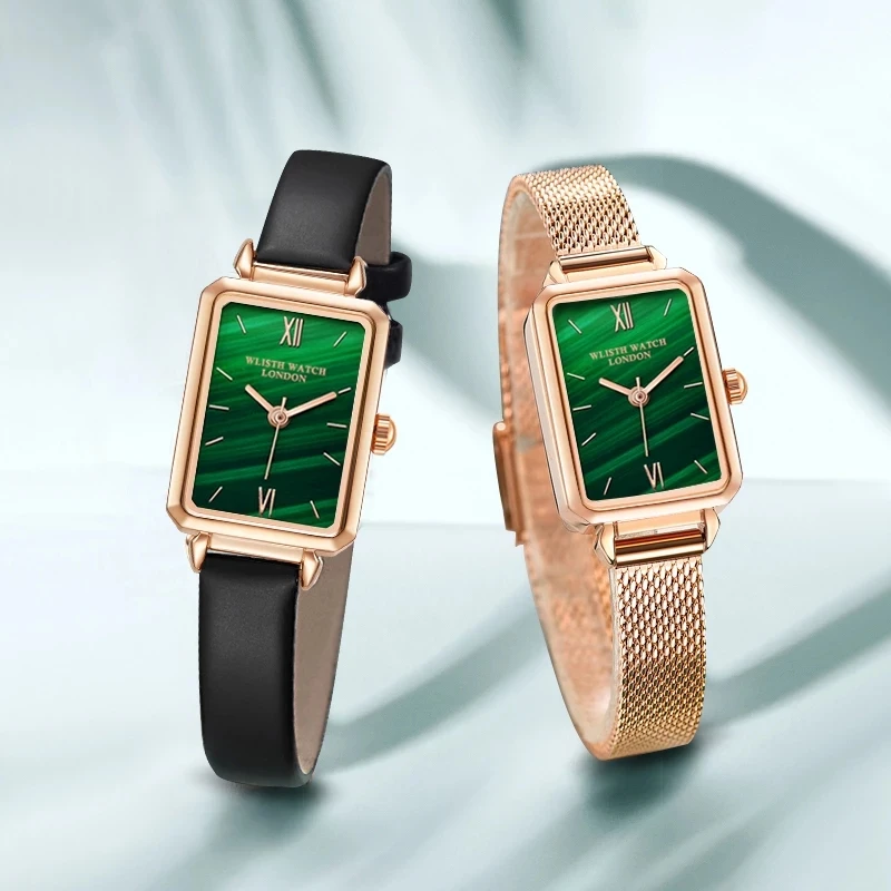 Fashion Wlisth Top Brand Women Square Ladies Quartz Bracelet Set Green Dial Simple Rose Gold Mesh And Leather Luxury Watches