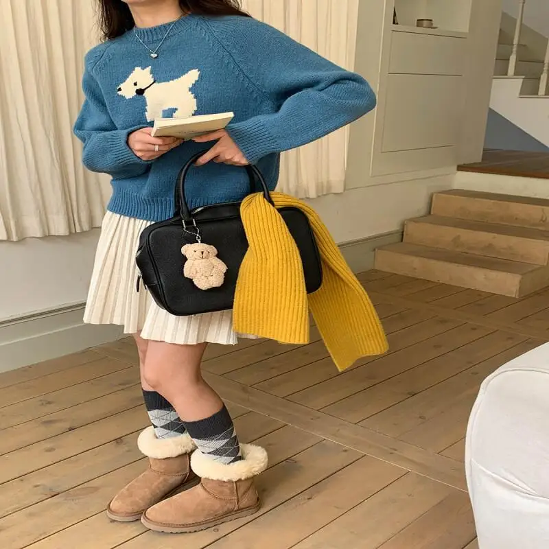 

New Cartoon Woman Sweater Korean Style Youthful Dog Embroidery Round Neck Pullover Soft Knit Women Casual Kawaii Cute Tops