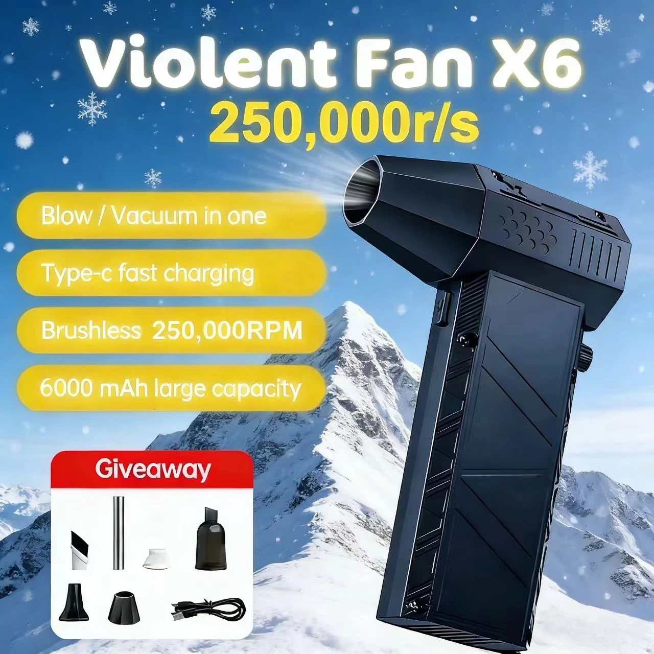 

Мощный воздуходувка-пылесос X6 250 000 об/мин, быстрая зарядка, сильный поток воздуха, бесщеточный вентилятор для чистки автомобиля/компьютера