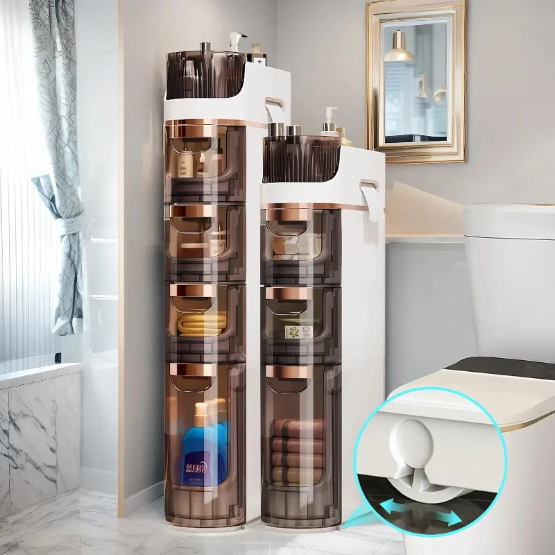 

3 Drawers Slim Bathroom Storage Cabinet, Narrow Floor Cabinet with Wheels Toilet Paper Holder, Waterproof Bathroom Storage
