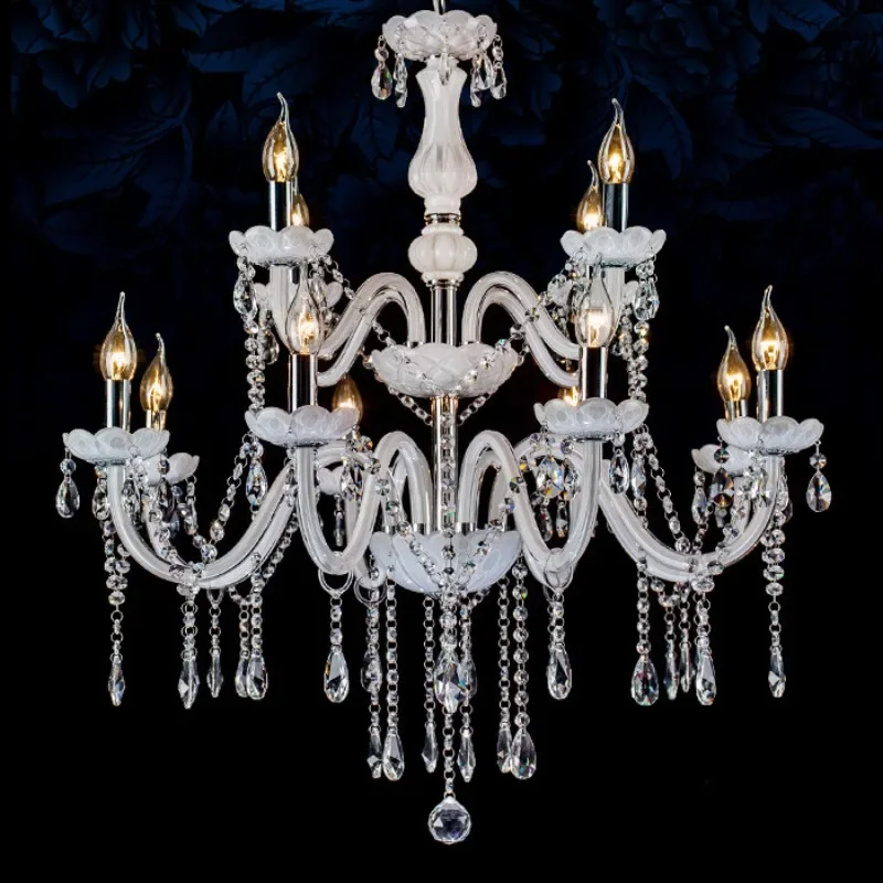 8+4 double layer white crystal chandelier 12 heads white jade candle light is suitable for living room, exhibition hall, hotel