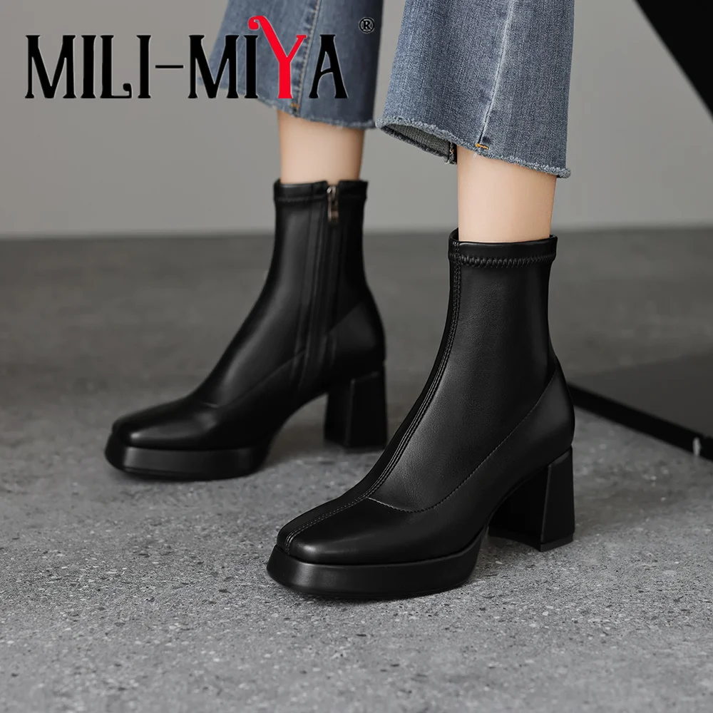 MILI-MIYA Women's Square-Toe Stretch Microfiber Ankle Boots With Chunky HeelsSolid-Color Casual Shoes Big Size 34-40 For Ladie