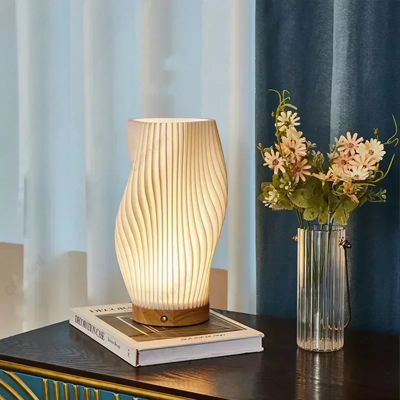 7W Wood Table Lamp For Bedroom USB Rechargeable Bedside Lamp Stepless Dimmable LED Desk Light Home Christmas Decoration