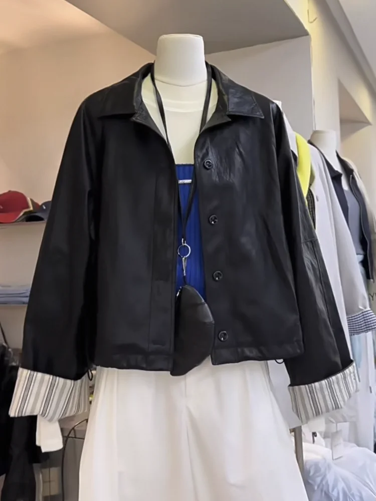 

Женская куртка из искусственной кожи в корейском ретро-стиле, с полосатыми вставками, повседневная, свободного кроя, весенняя верхняя одежда, с длинными рукавами, воротник-стойка