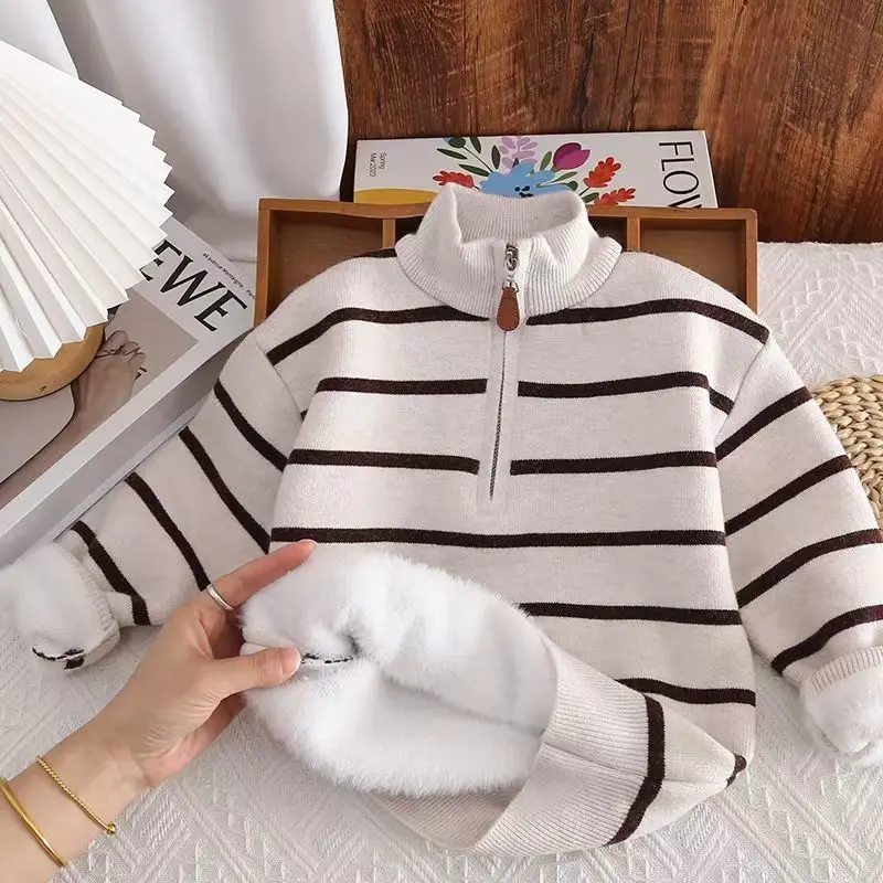 Children's Semi High Neck Zipper Integrated Velvet Soft Top New Stylish Striped Contrasting Knit Sweater