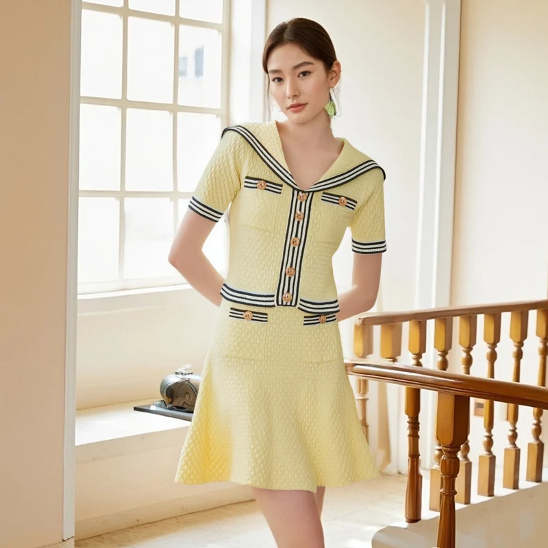 

Women's Two Pieces Set Fashion New Navy Collar Short-sleeved Knitted Sweater Cardigan + Large Pendulum Knitted Skirt Suit Women