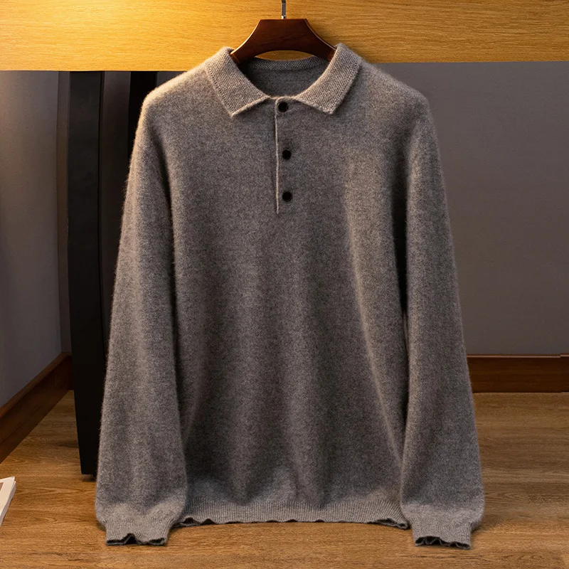 Button autumn and winter new 100% cashmere men's polo collar sweater loose fashion pullover slim warm knit solid colorlongsleeve