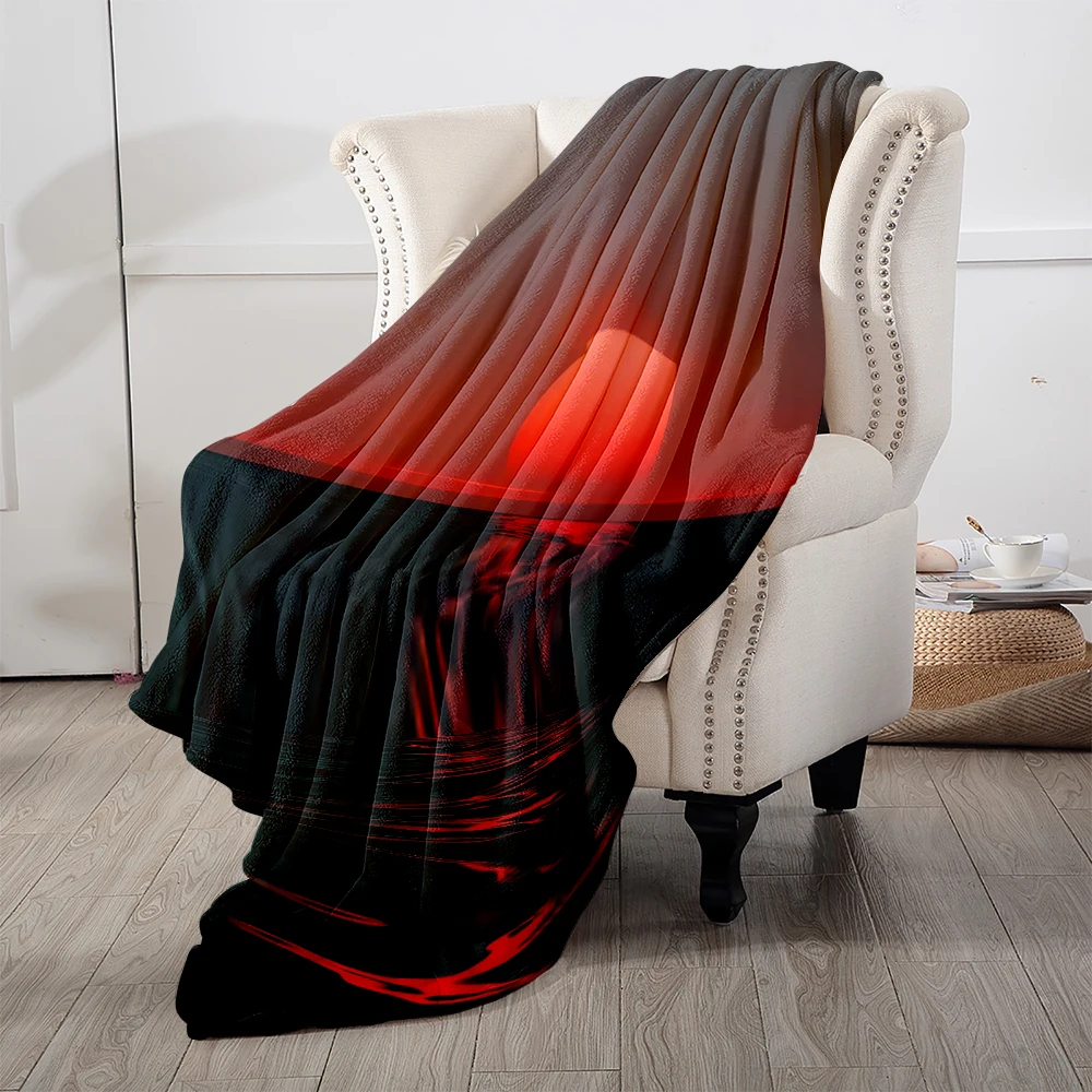 Red Sun Sea Minimal Flannel Blanket Soft Cozy Throw Blanket for Bed Sofa Couch Fuzzy Plush Bed Cover