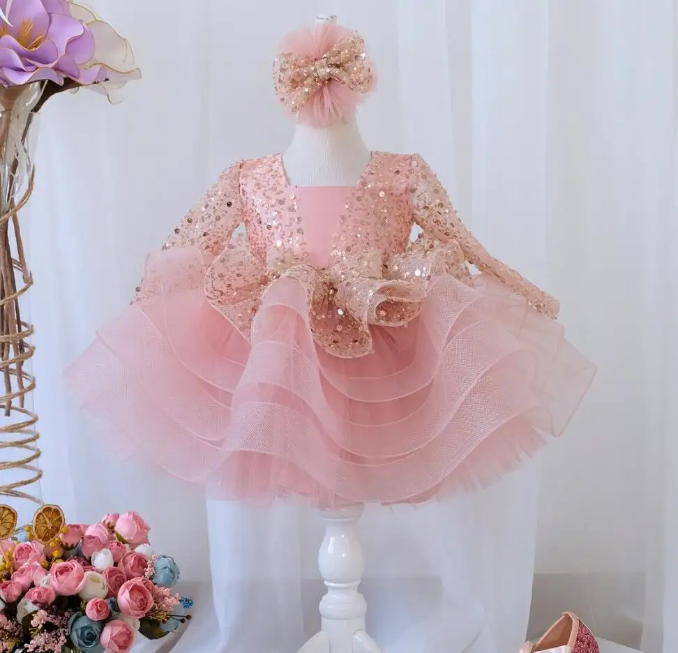 Rosa Geburtstags kleid für Kleinkind Tutu Pailletten Blumen mädchen Kleid Langarm funkelnden Ballkleid