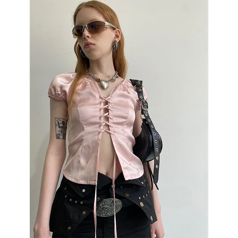 MEXZT Y2K Cropped Pink Shirts Women Sexy Hollow Out Bandage Blouses Summer Korean Aesthetic Fashion Short Sleeve Slim Tops New