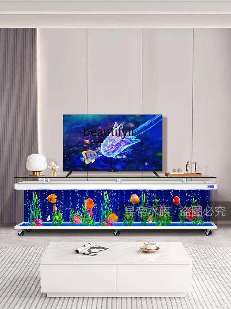 TV Cabinet Fish Tank with Pulley Super White Glass Floor Living Room Home Coffee Table Aquarium