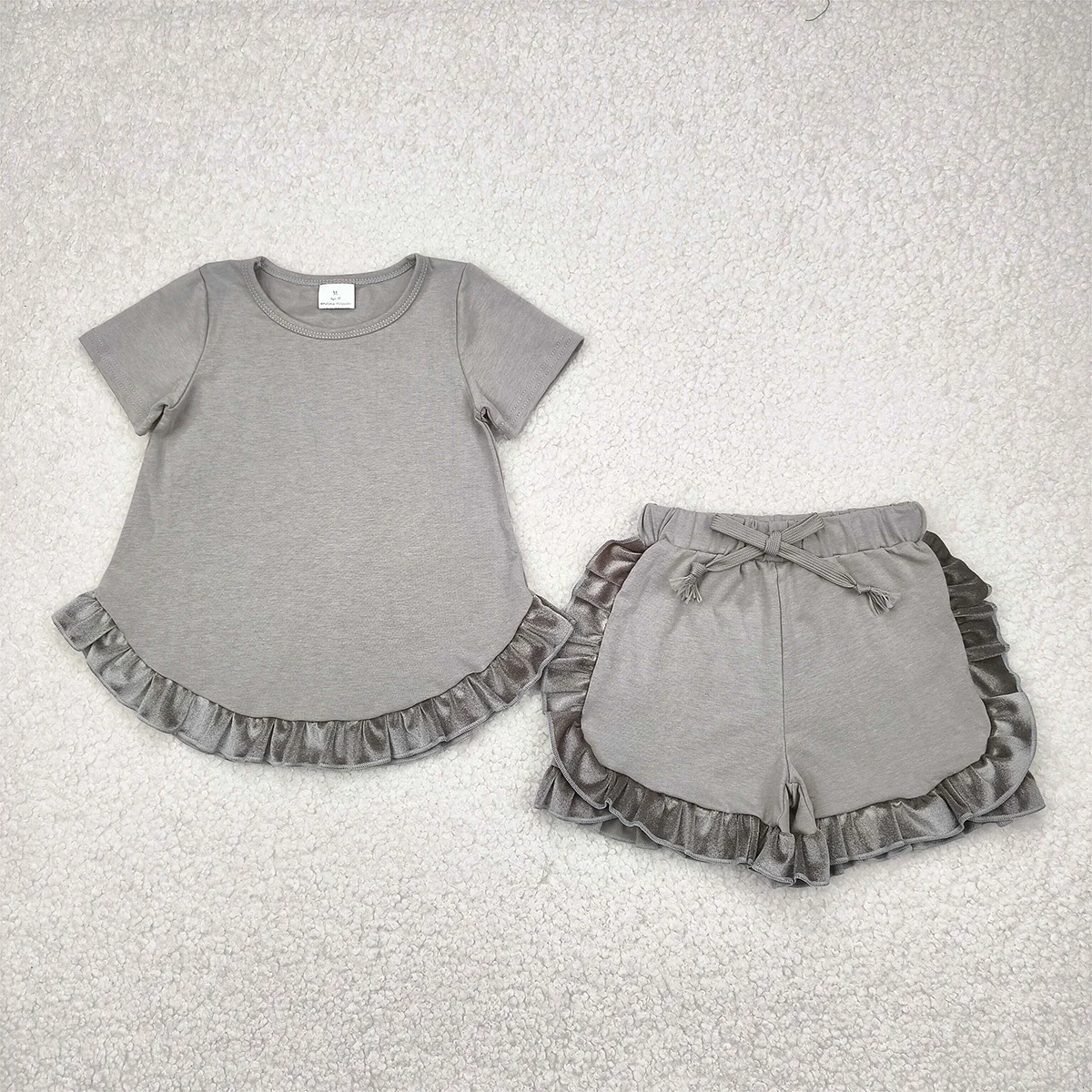

Baby Girls Grey Cotton Summer Outfit Set with Ruffle Top And Shorts Short Sleeves Kids Fashion Clothing Ensemble