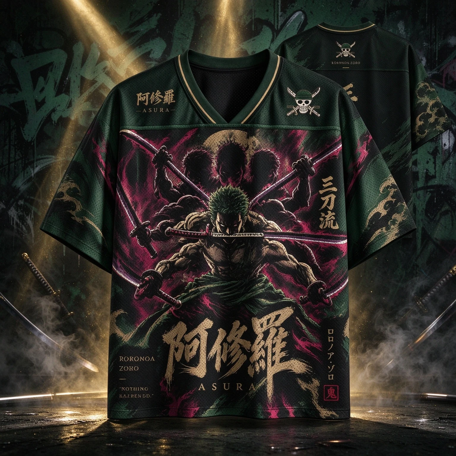 Trendy Vintage Manga Character Print V Neck Shirt Unisex Football Jersey Roronoa Zoro Anime Tee For Casual Hip Hop Outfit