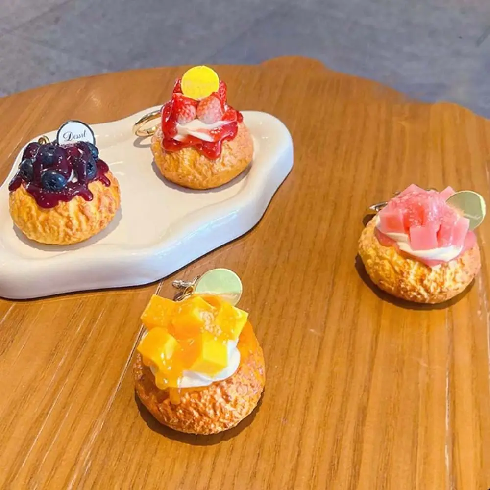 Simulation Fruit Egg Tart Keychain Cute Creative Mango Puff pastry pendant Cartoon Sweet Food Shaped Keyring Baking Decorations