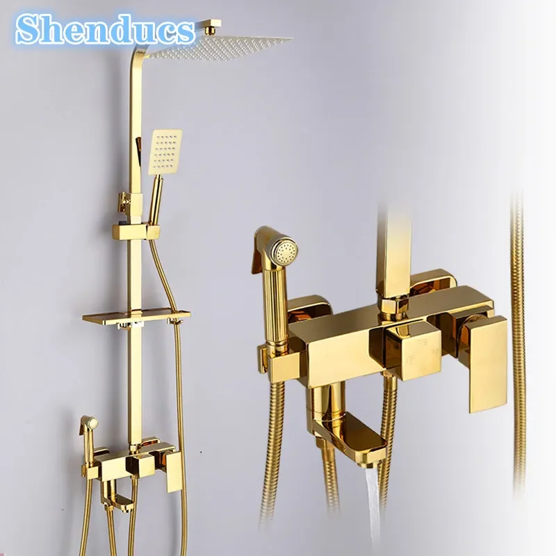 Hot Cold Gold Bathroom Shower Set Stainless Steel Bathroom Faucet System Wall Mounted Bathroom Faucets 10 Inch Rain Shower Head
