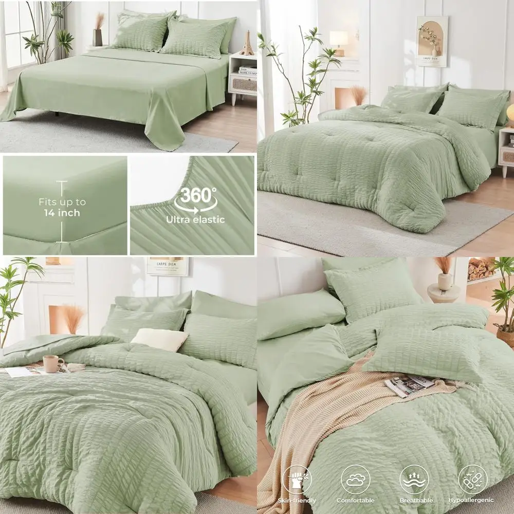 

7-компонентный светло-зеленый комплект одеял Seersucker King — всесезонное роскошное постельное белье с простынями, наволочками и шамс