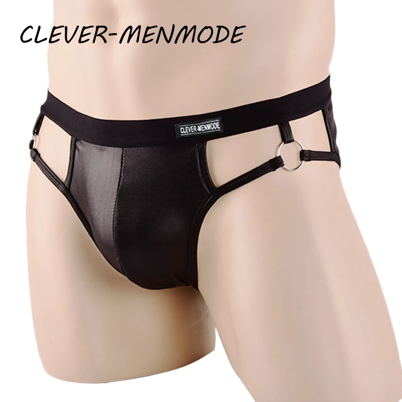 Men\'s Sexy Underwear PU Faux Leather Briefs Bulge Penis Pouch Thong U Convex Backless Bikini Open Butt Jockstrap Fetish Lingerie