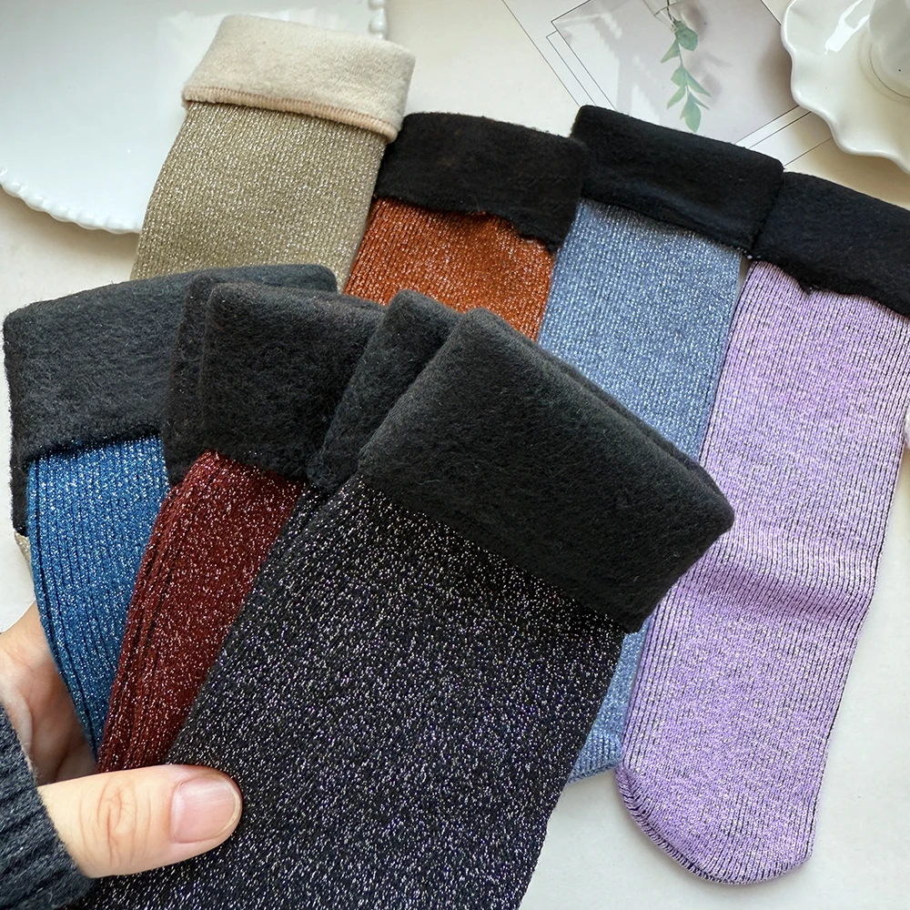 

5 Pairs Women's Winter Fleece Thick Warm Socks Soft Comfortable Solid Color Shiny Floor Thick Stockings Soft Boots Sleeping