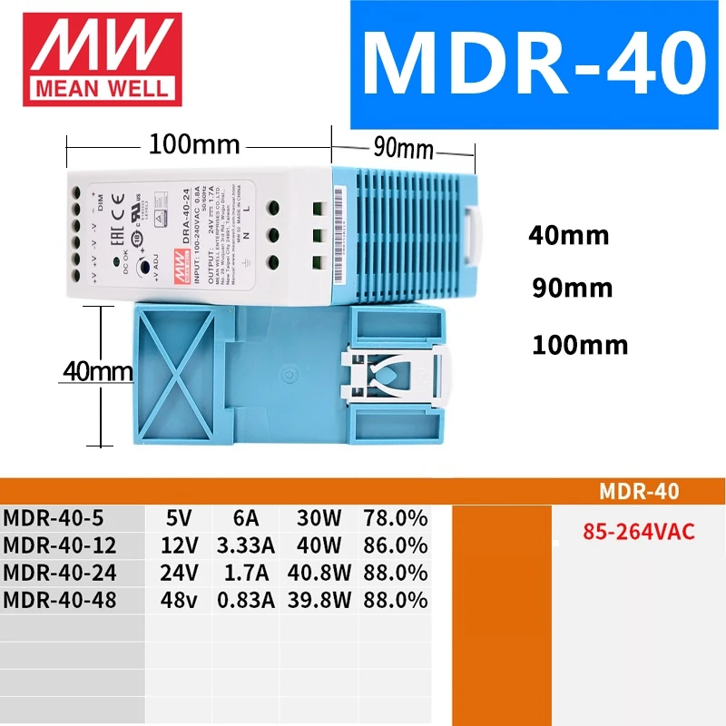 يعني جيدا MDR-10 20 40 60 100 - 5 12 15 24 48 ميانويل MDR -10 -20 -40 -60 -100 واط 5 12 15 24 48 فولت الناتج الصناعي DIN السكك الحديدية