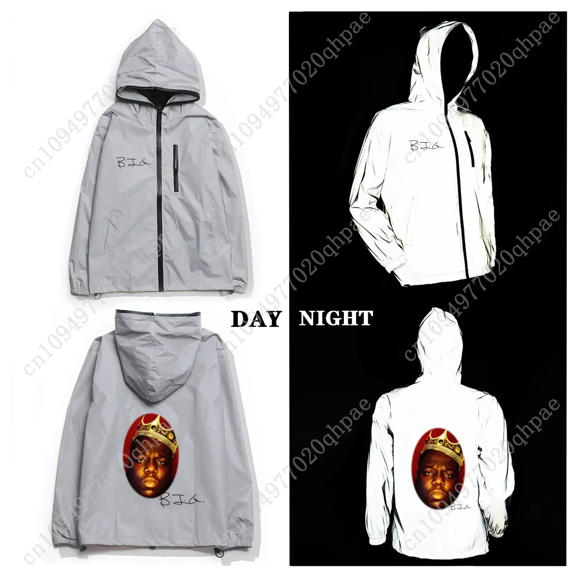 The Notorious B.I.G Reflective Jacket Mens Womens Coat Hooded Windbreaker Runing Pocket Jackets Hiking Zipper Customized Hoodie