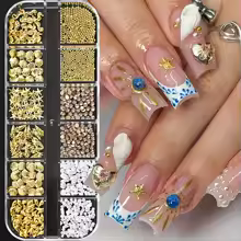 12Grids Ocean Gold Nail Art Charms Shell/Seahorse/Starfish White Half Round Pearl Gems 3D Mixed Punk Manicure Metal Rivets Studs - Image 3