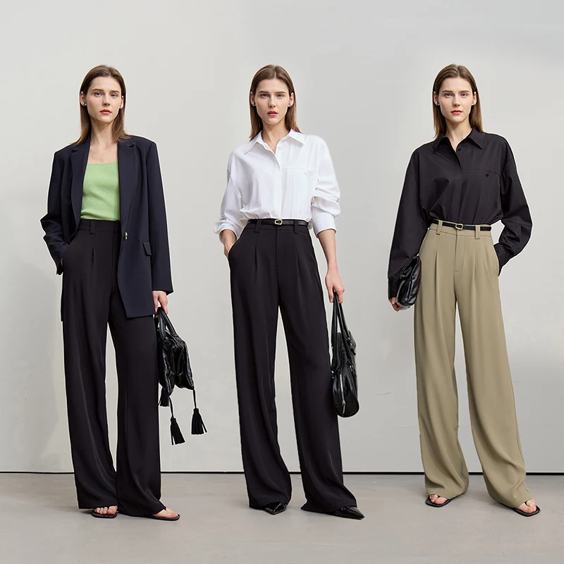 Amii Wide Pants 2026 Spring New Commuter Absorption Breathable Women's Pants Solid Color Simple Casual Woman Trousers12611011