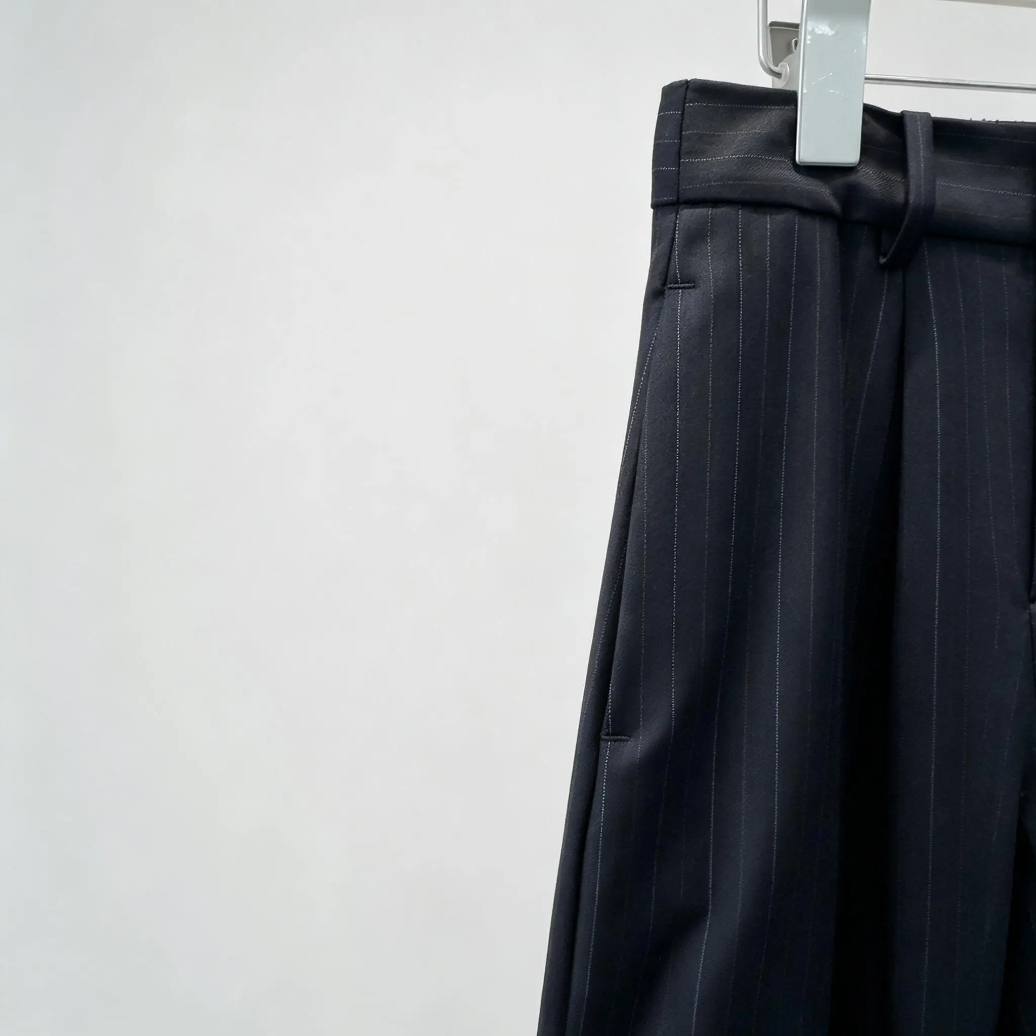Women's New Autumn Winter Navy Pinstripe High Waist Drape Wide Leg Suit Pants
