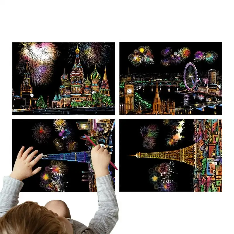 

Paint By Scratch Kit 4 Sheets Rainbow Engraving Painting Landscape Scratchboard Engraving Art Set For Adults And Kids A4 Scratch
