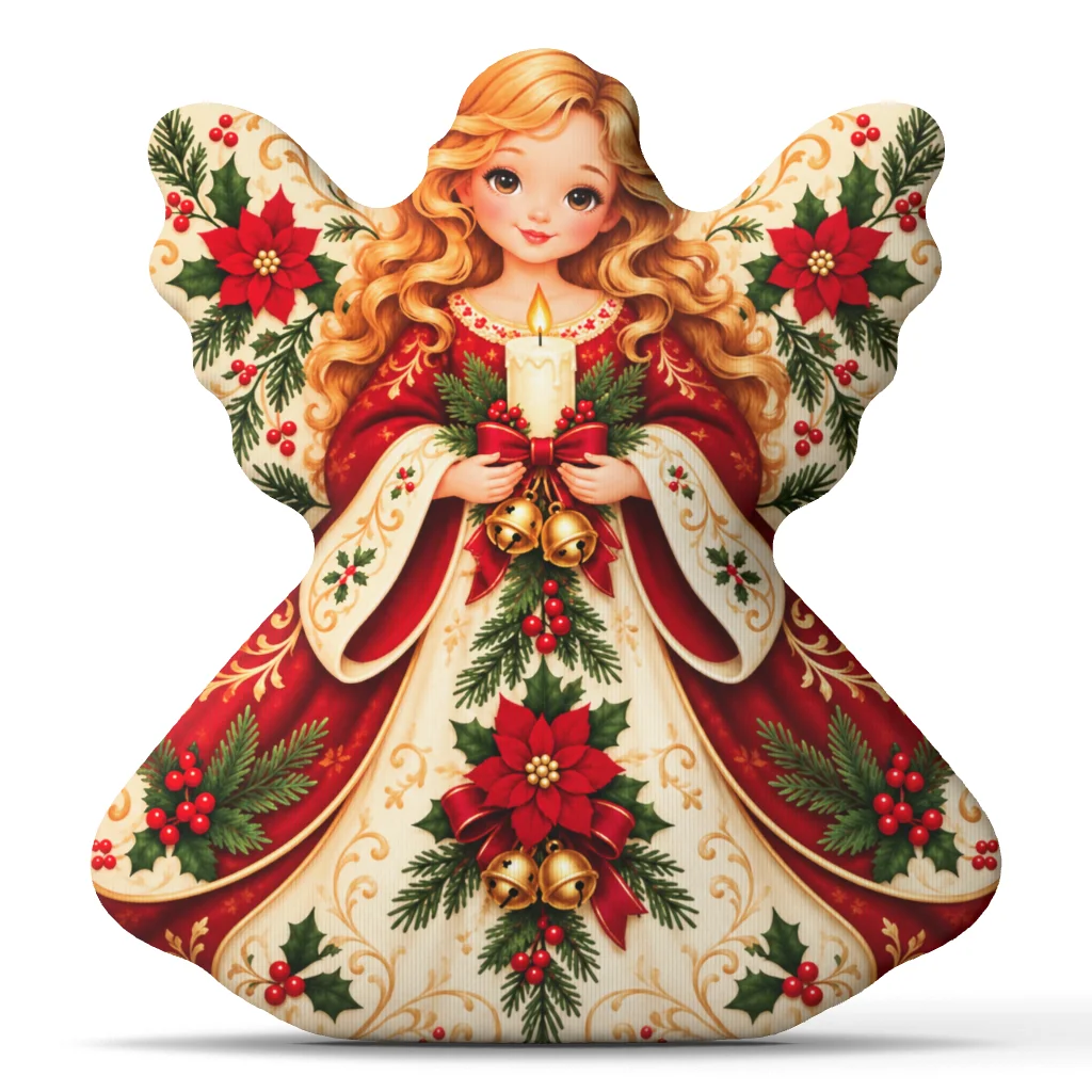 Christmas Angel Shaped Stuffed Throw Pillow with Candle and Bells Holiday Decorative Cushion for Sofa Home Decor Accent Gift