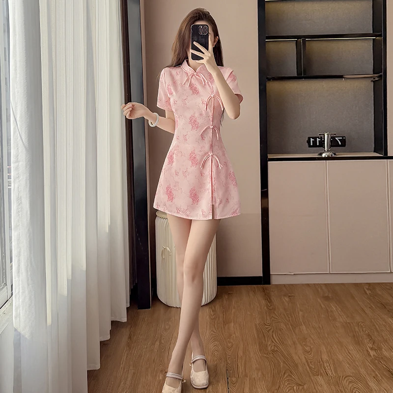 2026 New Chinese Style Floral Cheongsam Set - Sweet Pink 2 Piece Qipao Dress with Shorts, Elegant Spring Summer Outfit view 5